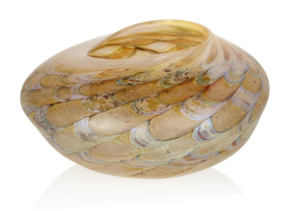 Peter Layton Amber and irridescant feathered glass vase (Circa 1980