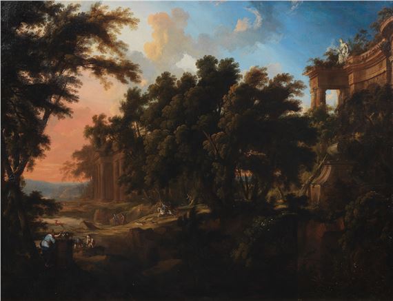 Italianate wooded landscape with ruins and a stag hunt beyond by Pierre Antoine Patel, 1697