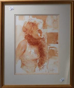 A monochromatic sketch of a figure with long hair, framed in wood.