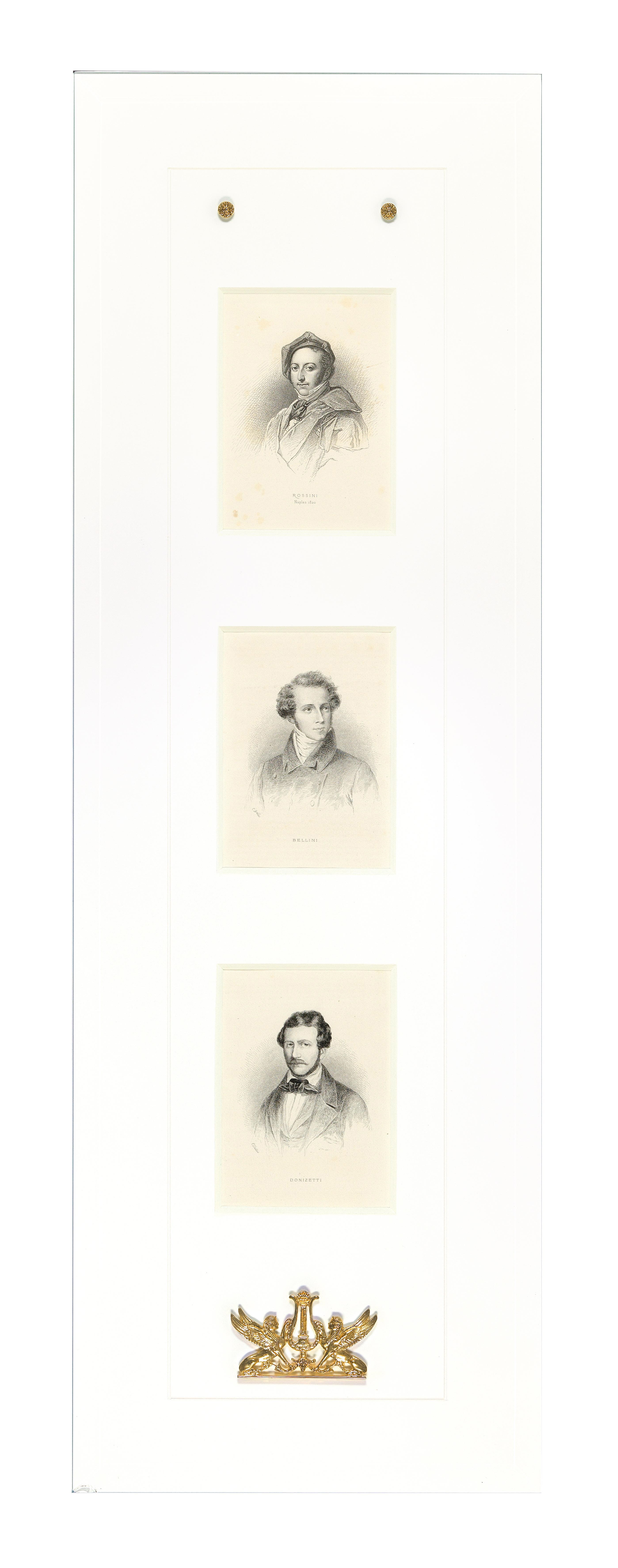 Artwork by Charles Alphonse Deblois, portraits of the composers Gaetano Donizetti, Vincenzo Bellini, Made of engraving