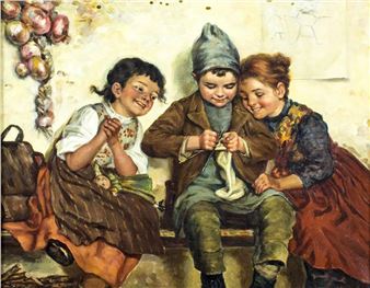 Knitting Boy and Two Girls - E. Bianchini