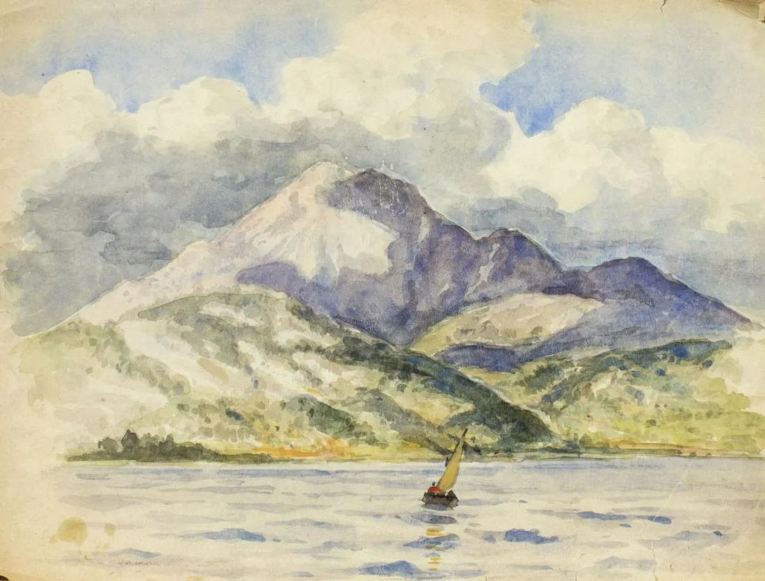 Adolf Kaufmann | Mountain Coastal Landscape with Sailboat | MutualArt