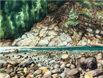 River Landscape with Fisherman - Hewitt C Wells