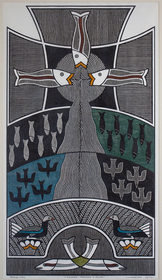 Artwork by Gilvan José Meira Lins Samico, Criação – Pássaros e Peixes, Made of color woodcut printed on paper