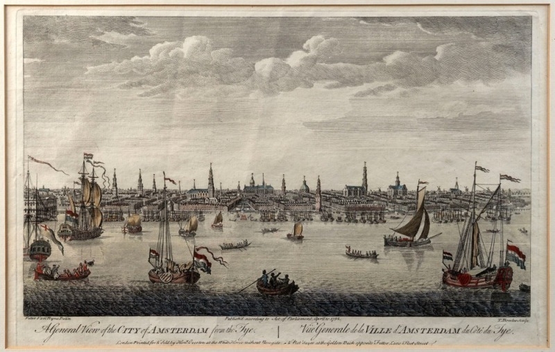 Artwork by Peter van Ryne, General View of the City of Amsterdam from the Tye, Made of copper plate engraving with hand colouring