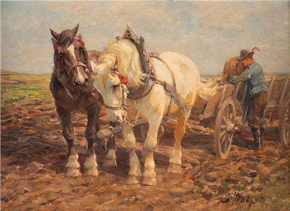 BAUER MIT ZWEI PFERDEN AUF DEM FELD by Georg Wolf