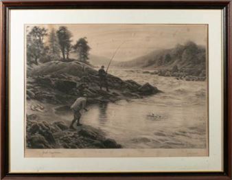 Fisherman and Ghillie Landing Salmon At A Pool, - Joseph Farquharson