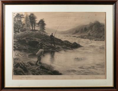 Artwork by Joseph Farquharson, Herbert Sedcole, Fisherman and Ghillie Landing Salmon At A Pool,, Made of engraving