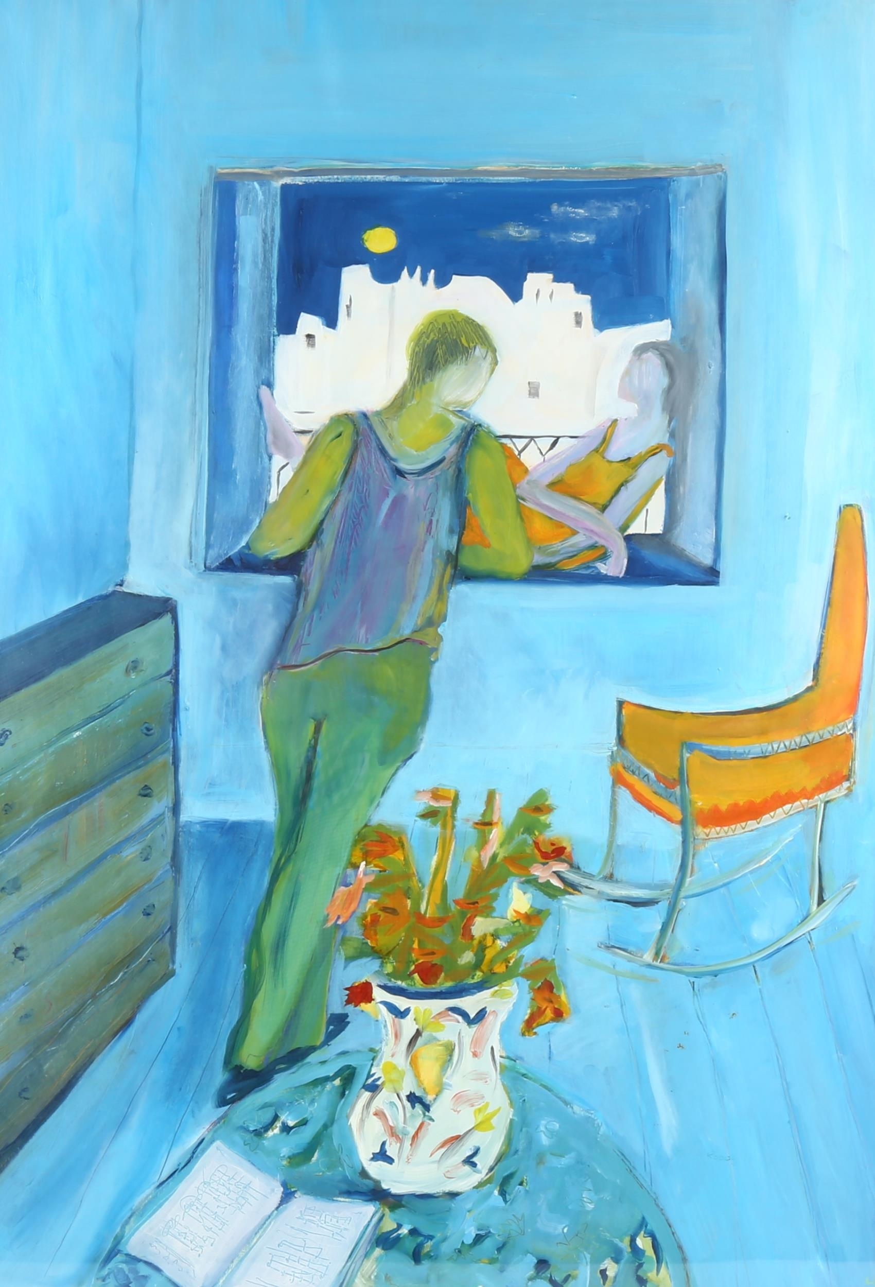 Artwork by Julia Roddy, figure at a window, Made of gouache