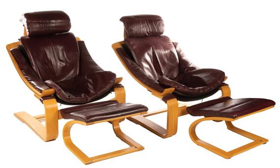 Pair of Mid-Century Bentwood Lounge Chairs with Ottomans by Ake Fribyter