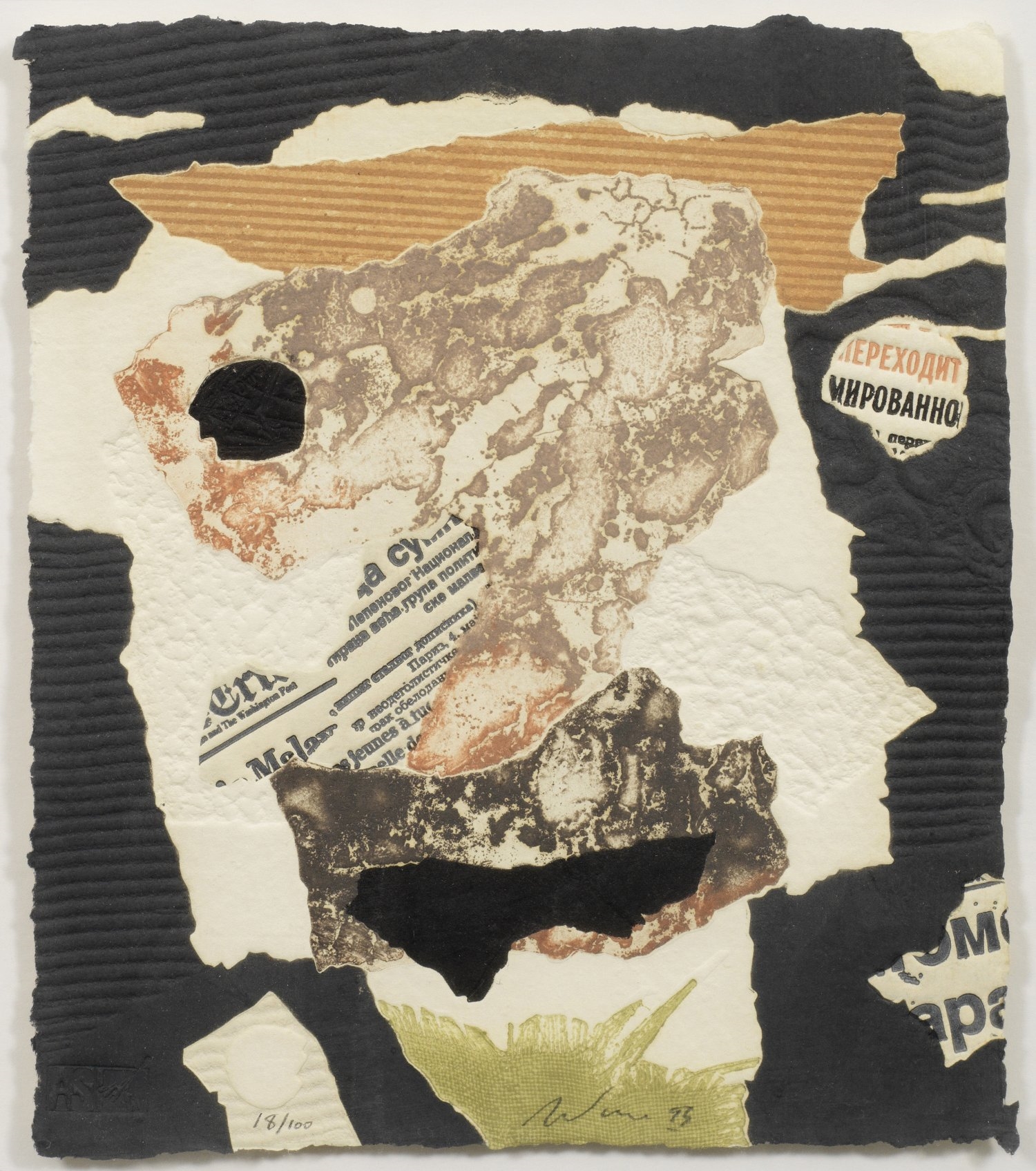 Artwork by Alain Soucasse, Komposition mit Zeitungs-Textfragmenten aus der Folge "New Traces" (Neue Spuren), Made of etching in colours on paper