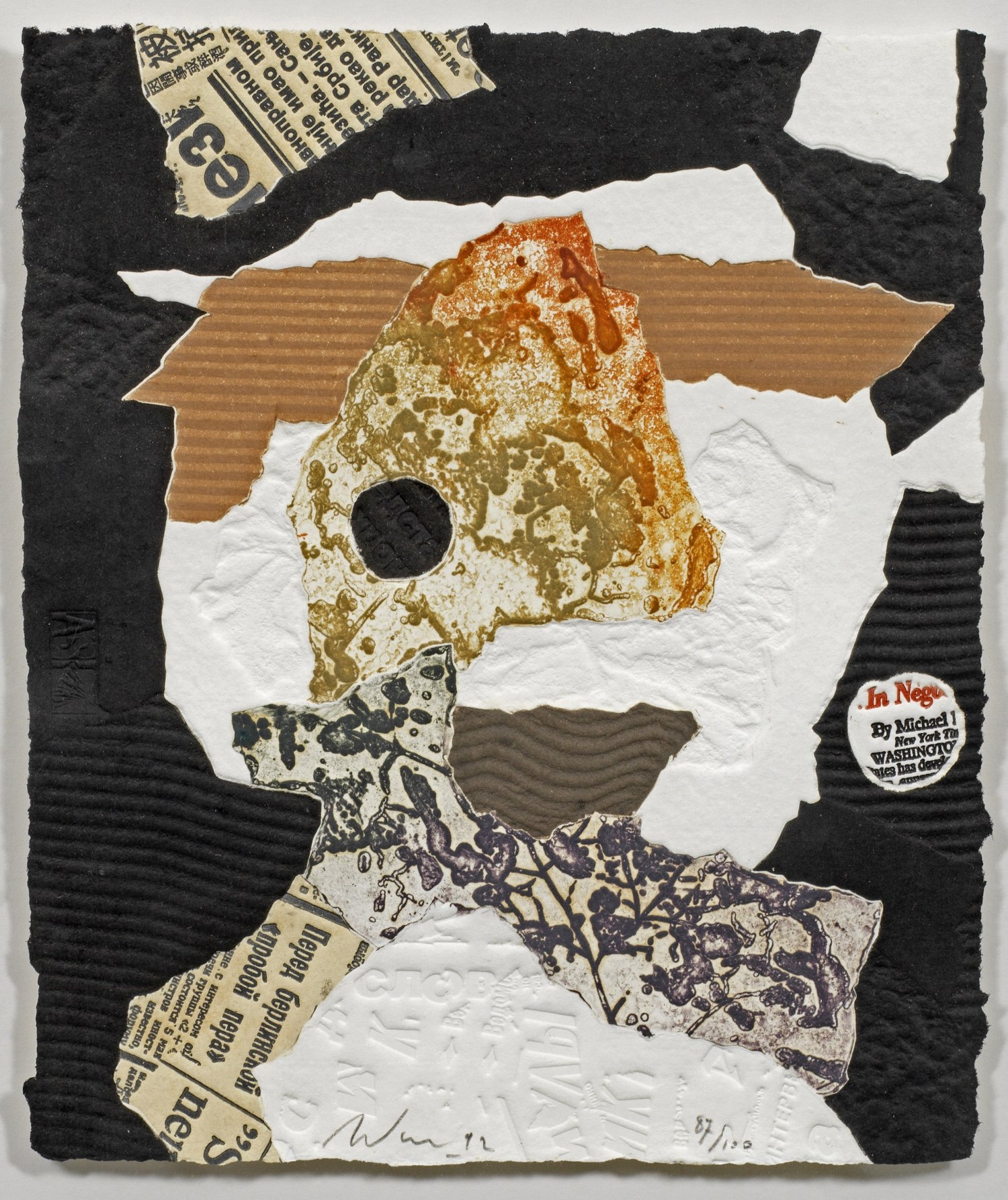 Artwork by Alain Soucasse, Komposition mit Zeitungs-Textfragmenten aus der Folge "New Traces" (Neue Spuren), Made of etching in colours on paper