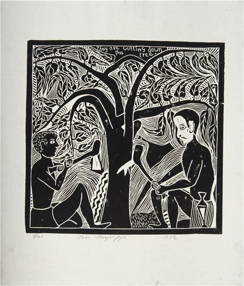 They are Cutting Down the Tree by John Ndevasia Muafangejo, dated 1972