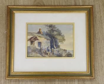 Figures beside a cottage by Henry Gastineau