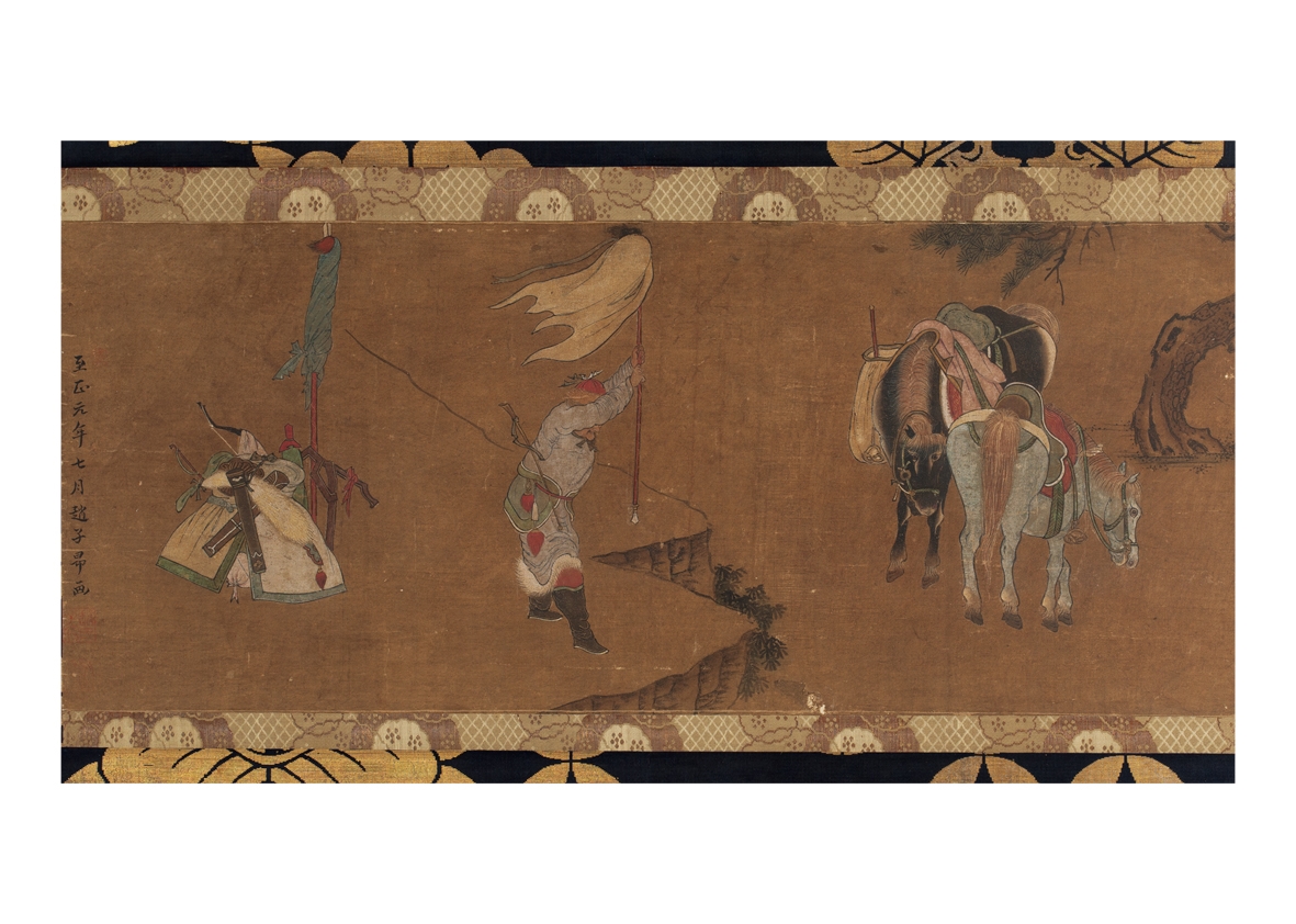 Artwork by Zhao Mengfu, HORSEMEN, Made of color on silk, scroll