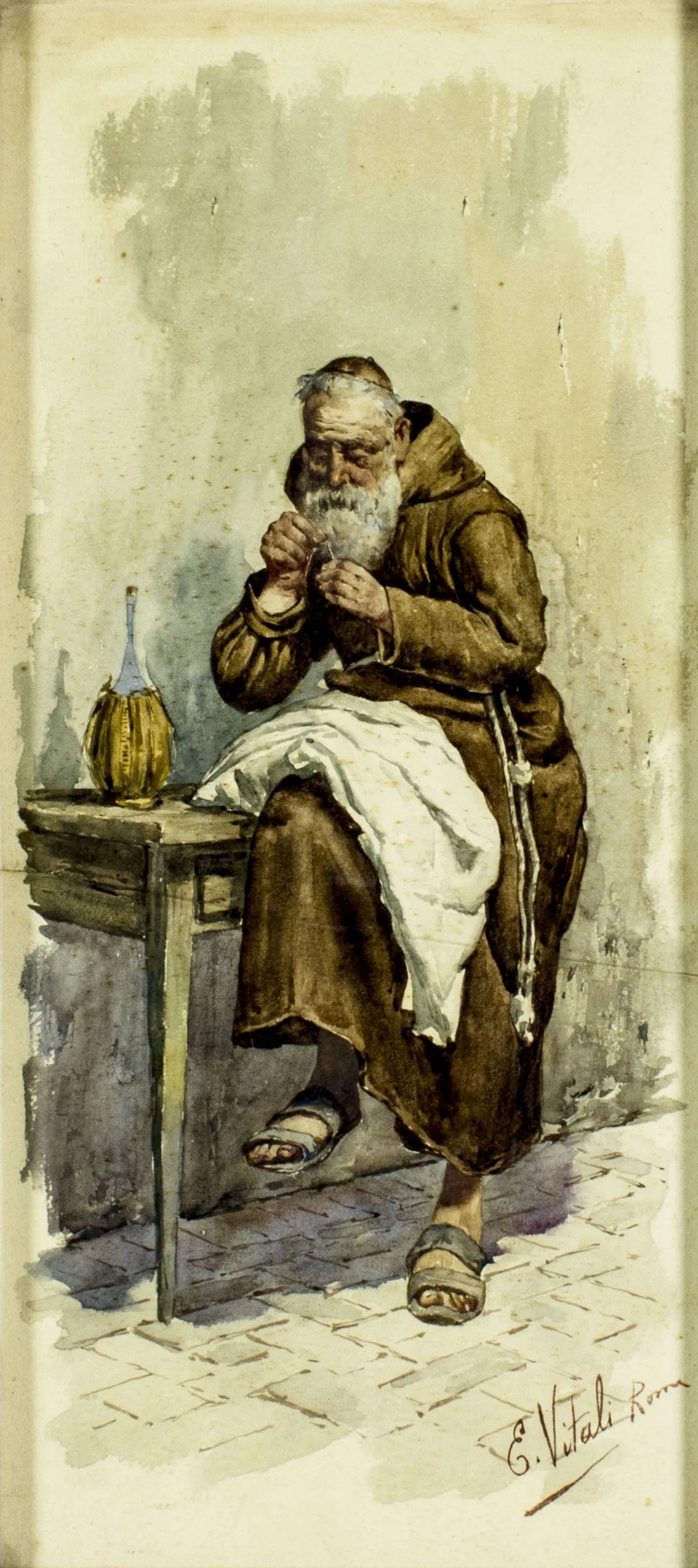 Artwork by Edouardo Vitali, Monk Sewing, Made of watercolor on paper