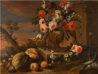 LANDSCAPE WITH A LARGE STILL LIFE WITH FLOWERS IN A VASE AND FRUITS - Johann Paul Waxschlunger