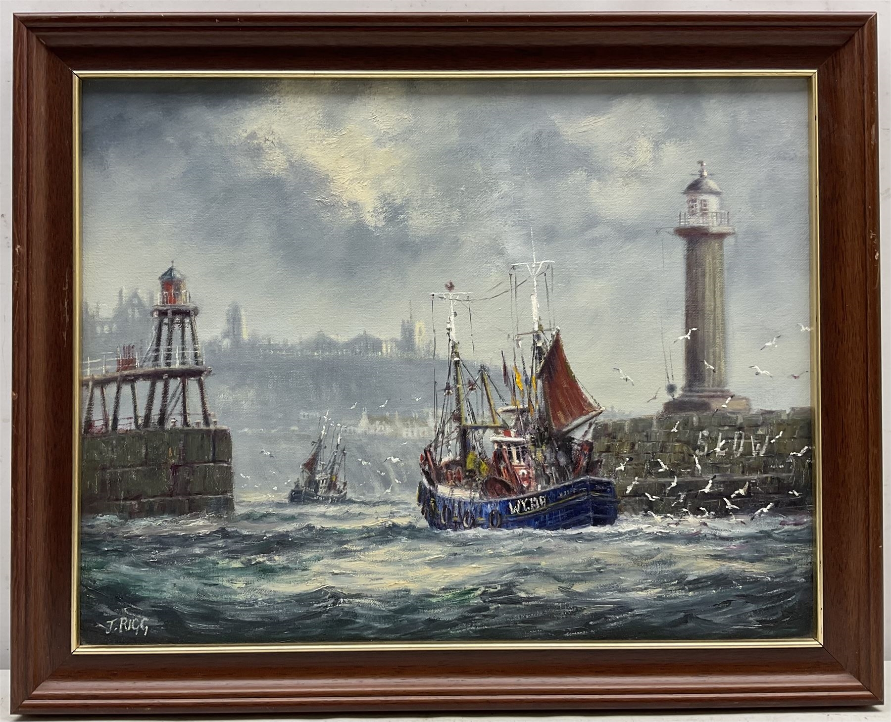 Jack Rigg Fishing Boats Leaving Whitby Harbour with St. Marys Church