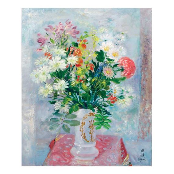 Bouquet À La Nappe Rose (Bouquet Over Pink Tablecloth) by Lê Phổ, circa 1970