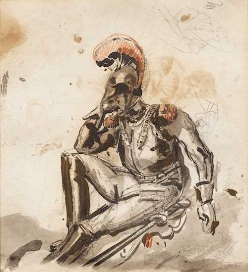 Artwork by Eugène Delacroix, Seated cuirassier, Made of Pen and brush and brown and grey ink, black and red chalk, watercolour.
