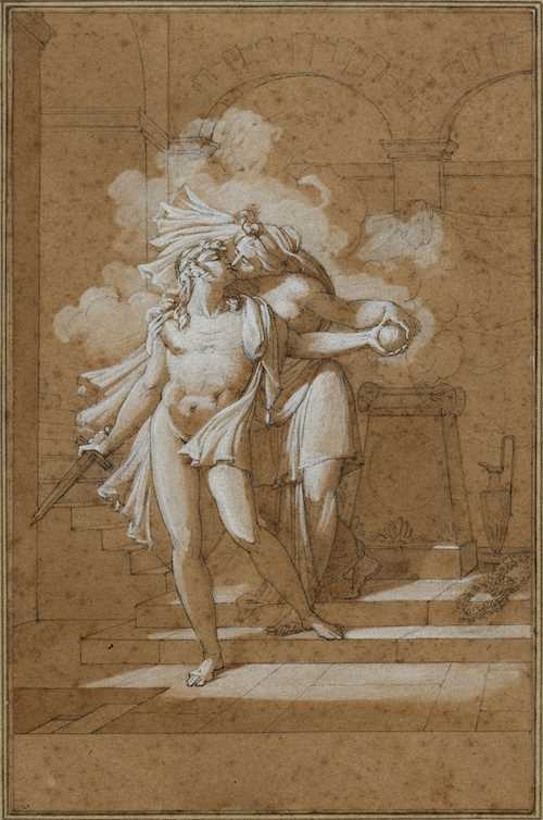 Artwork by Armand-Charles Caraffe, Mythological scene with a young hero with sword, kissed by a woman before a burning altar, Made of Pen and black and grey ink, brush and brown ink, heightened with white.