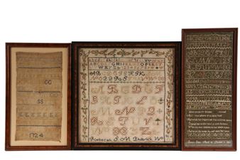(3) EARLY NEEDLEPOINT SAMPLERS - Late 18th to Early 19th c. Stitchwork on linen - Susan Giles