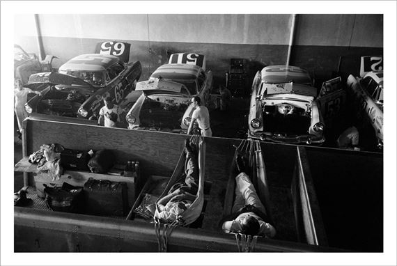 Ralph Morse | Backstage showing the drivers resting amidst the cars ...