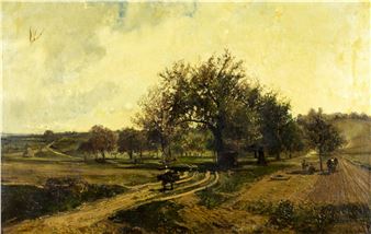 A pastoral landscape featuring a horse-drawn cart on a dirt road under a hazy yellow sky.