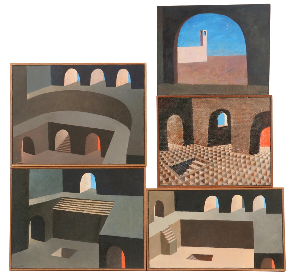 Joseph Battaglia Lot of (5) oil on panel paintings of surrealist