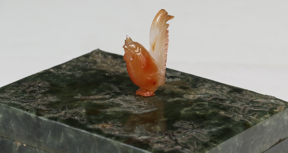 Artwork by Nicholas Haydon, Early 20th c. Nicholas Haydon Ormolu Mounted Green Jade Lidded Box with carved agate rooster form finial, Made of Ormolu Mounted Green Jade