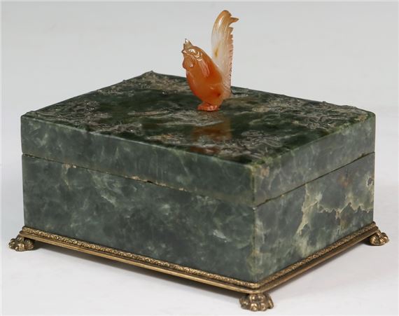 Early 20th c. Nicholas Haydon Ormolu Mounted Green Jade Lidded Box with carved agate rooster form finial - Nicholas Haydon