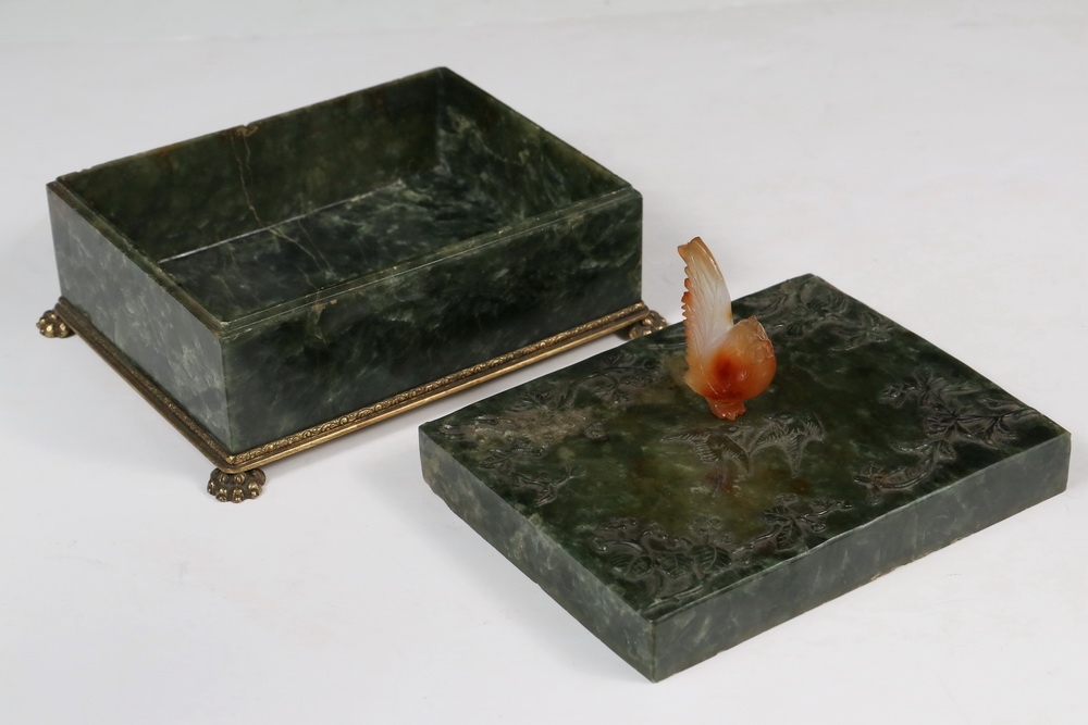Artwork by Nicholas Haydon, Early 20th c. Nicholas Haydon Ormolu Mounted Green Jade Lidded Box with carved agate rooster form finial, Made of Ormolu Mounted Green Jade