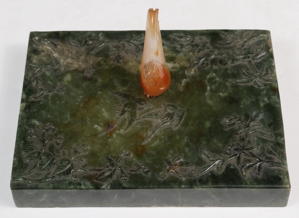 Artwork by Nicholas Haydon, Early 20th c. Nicholas Haydon Ormolu Mounted Green Jade Lidded Box with carved agate rooster form finial, Made of Ormolu Mounted Green Jade