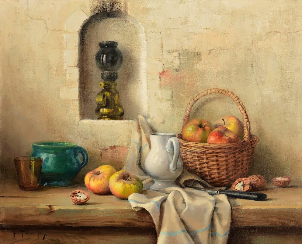 Artwork by Robert Chailloux, Still Life - Apples and Walnut with Oil Lamp, Made of oil on canvas