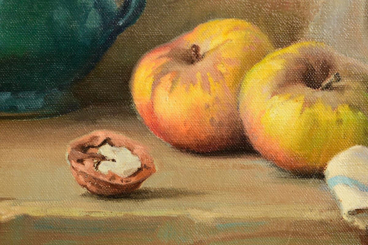 Artwork by Robert Chailloux, Still Life - Apples and Walnut with Oil Lamp, Made of oil on canvas