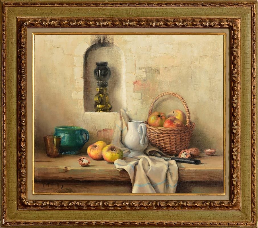 Artwork by Robert Chailloux, Still Life - Apples and Walnut with Oil Lamp, Made of oil on canvas