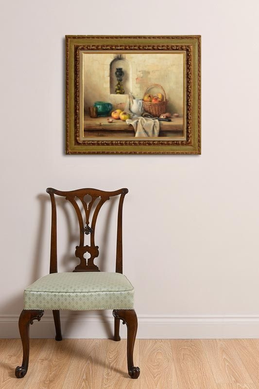 Artwork by Robert Chailloux, Still Life - Apples and Walnut with Oil Lamp, Made of oil on canvas