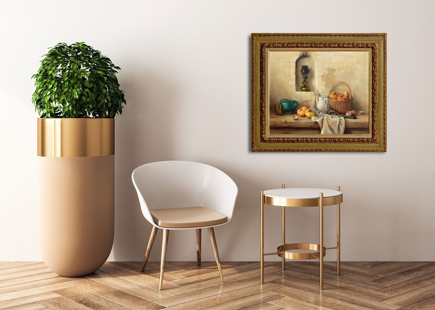 Artwork by Robert Chailloux, Still Life - Apples and Walnut with Oil Lamp, Made of oil on canvas