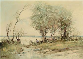 river landscape with anglers on the shore - Otto Wild
