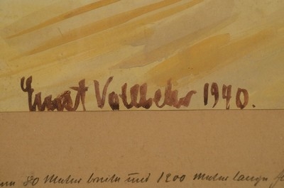Artwork by Ernst Vollbehr, 80 meter wide and 1220 meter long air runway on the English Channel Coast, September 1940, Made of watercolour