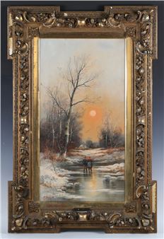 Figures on a Frozen River at Sunset, and Moonlit Scene with Figure at a Fire - R. Ducat