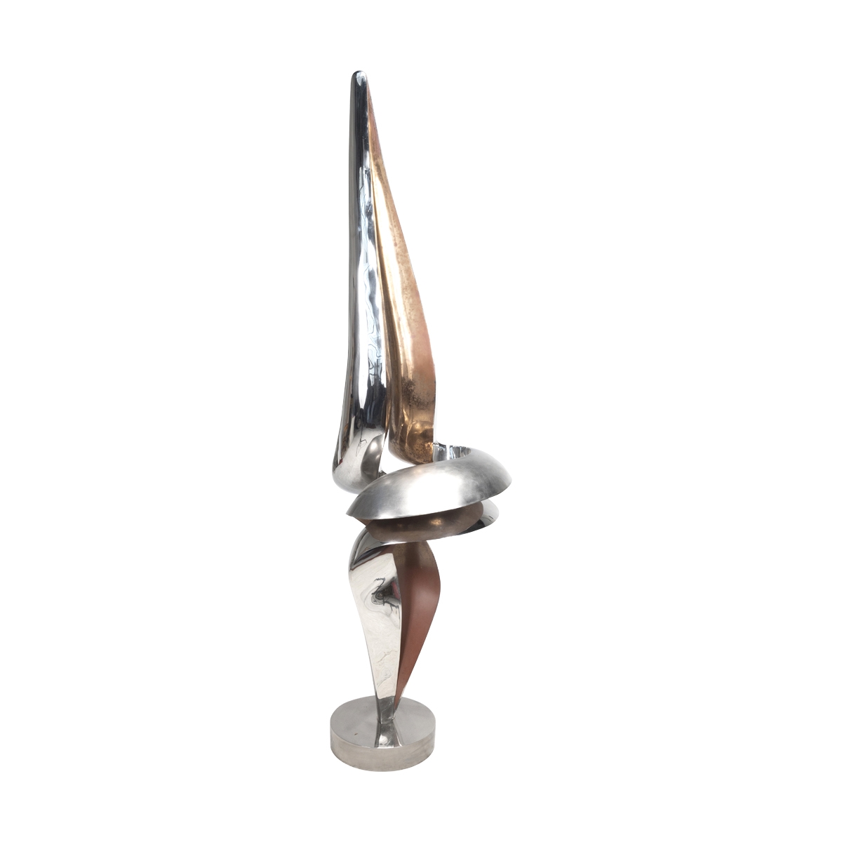 A sleek, abstract sculpture featuring a twisted metal form with a sharp, upward-pointing tip.