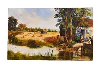 idyllic country harvest scene of cottage with young girl, chickens and mill pond in the foreground, harvesters, cottages and church steeple to the background - Dorothea Buxton-Hyde