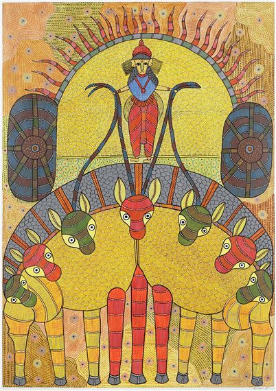 Riding into the Dark (Gond Art) by Suresh Kumar Dhurve