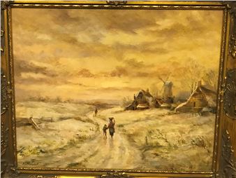 dwellings and windmill in background and sunset&quot; - M. J. Rundell