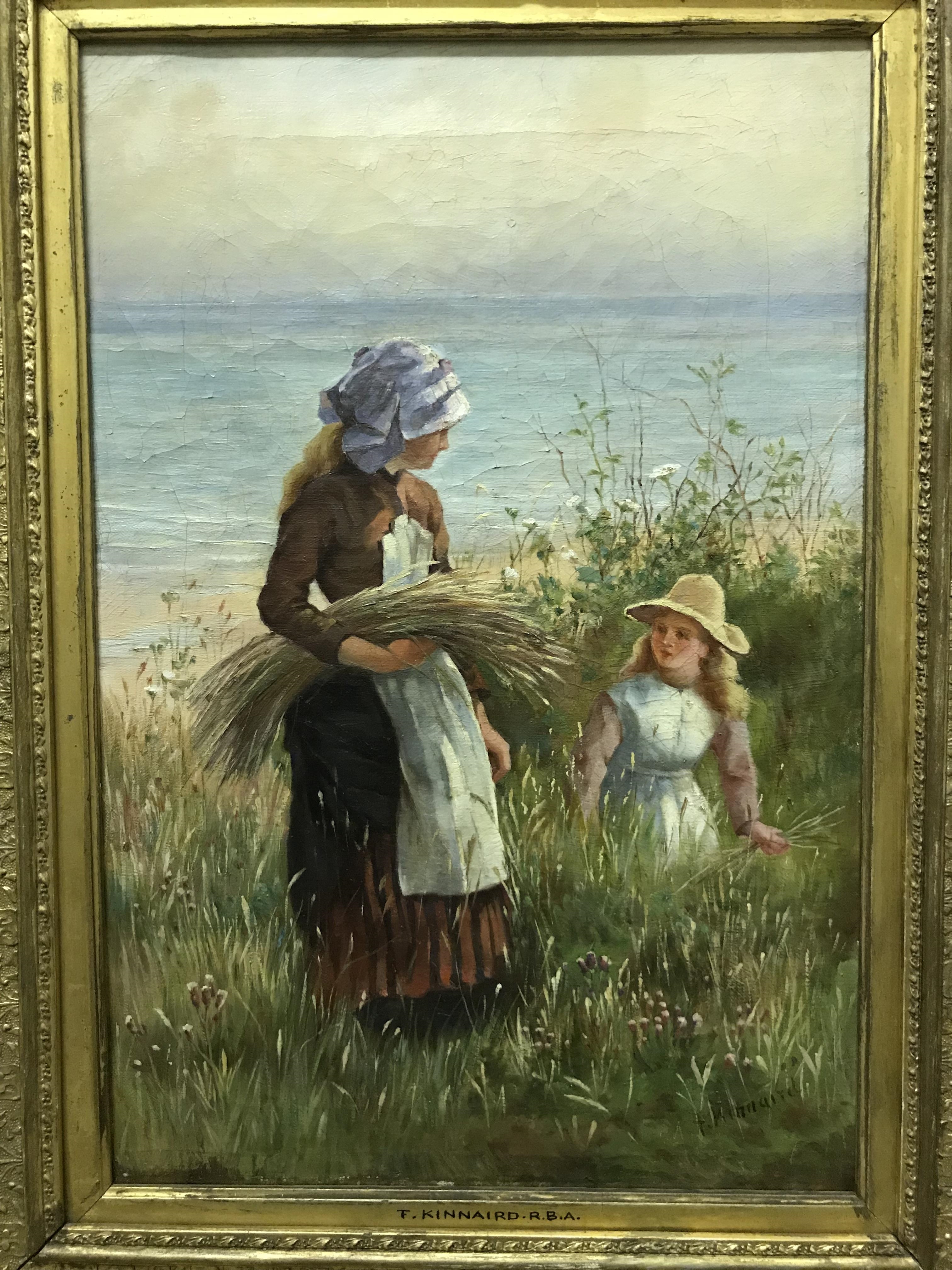 Artwork by F. J. Kinnaird, Young girls collecting wild corn by the beach, Made of oil on canvas
