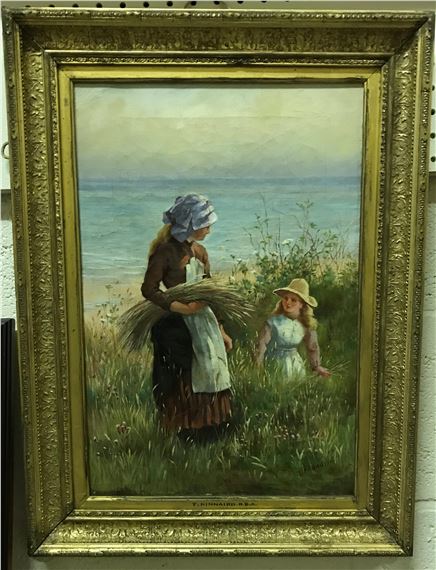 Young girls collecting wild corn by the beach - F. J. Kinnaird