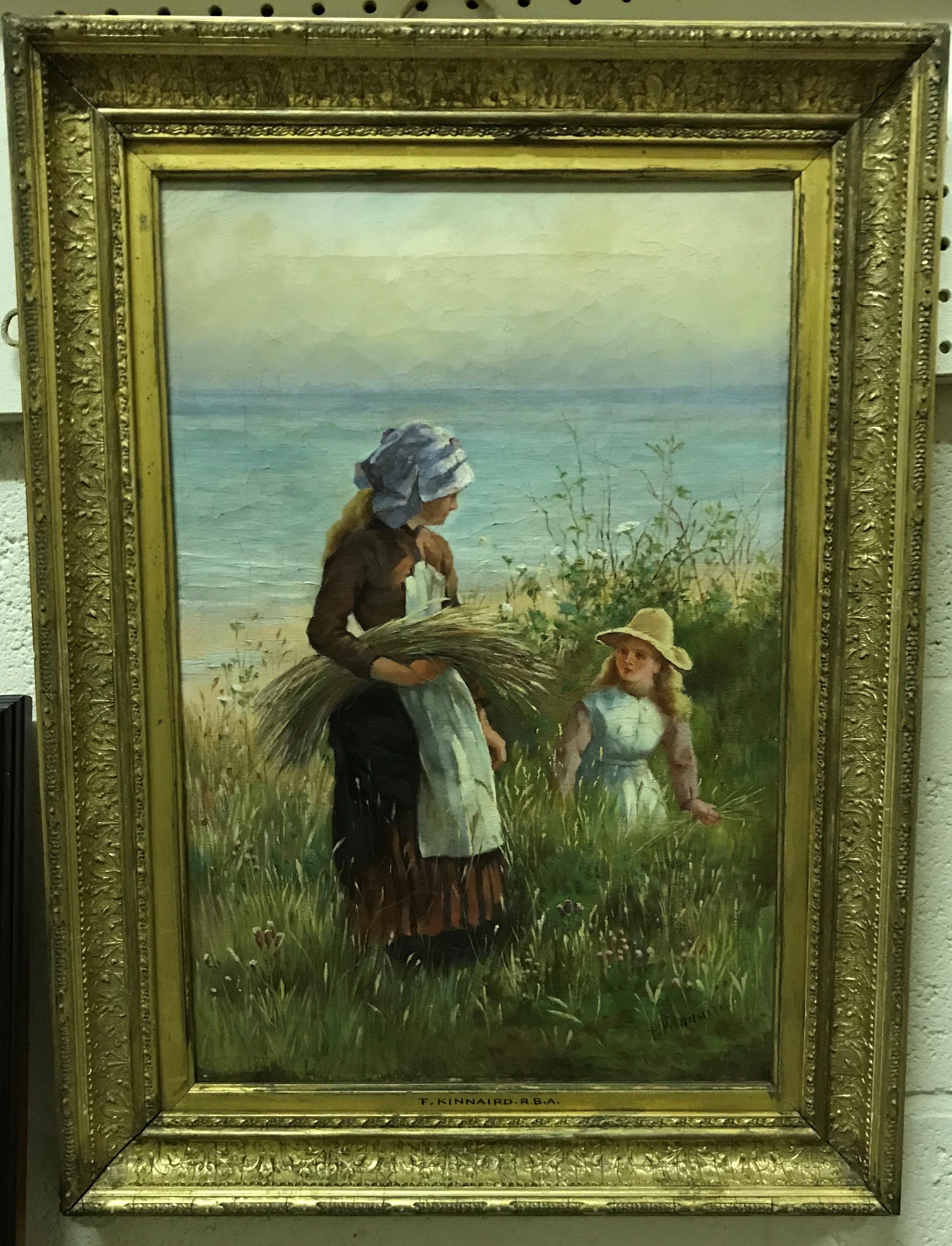 Artwork by F. J. Kinnaird, Young girls collecting wild corn by the beach, Made of oil on canvas