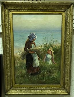 Young girls collecting wild corn by the beach - F. J. Kinnaird