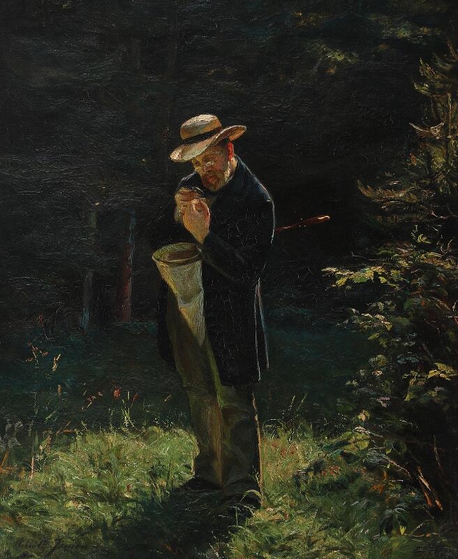 Artwork by Ida Schiøttz Jensen, A man catching butterflies in the forest, Made of Oil on canvas